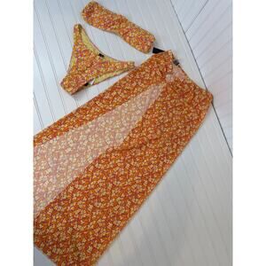 NWT KENDALL+KYLIE  Yellow Pink Flower Bandeau Bikini Swimsuit Coverup Set Sz S